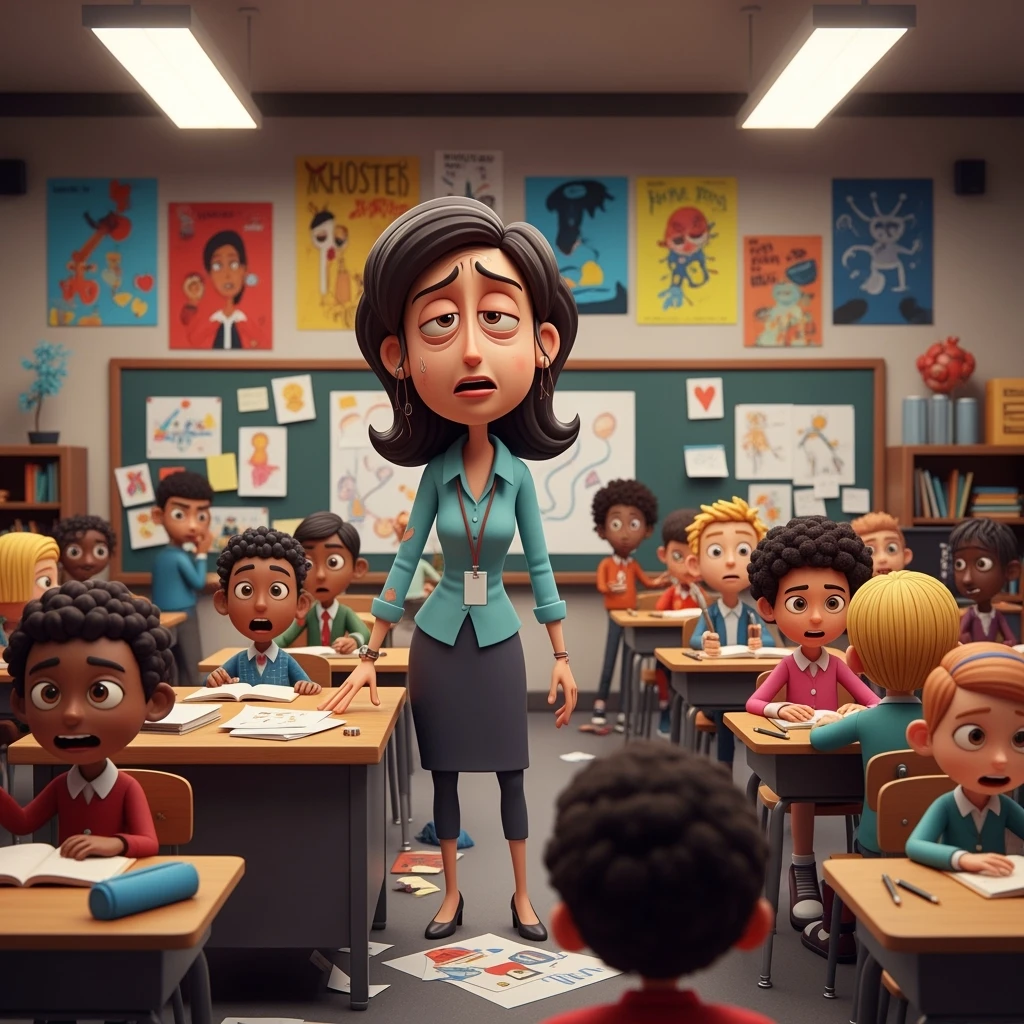 3d cartoon art of a exhausted teacher in a bustling classroom emoji