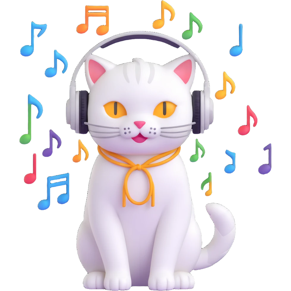 white cat, headphones, music notes, cheerful emoji