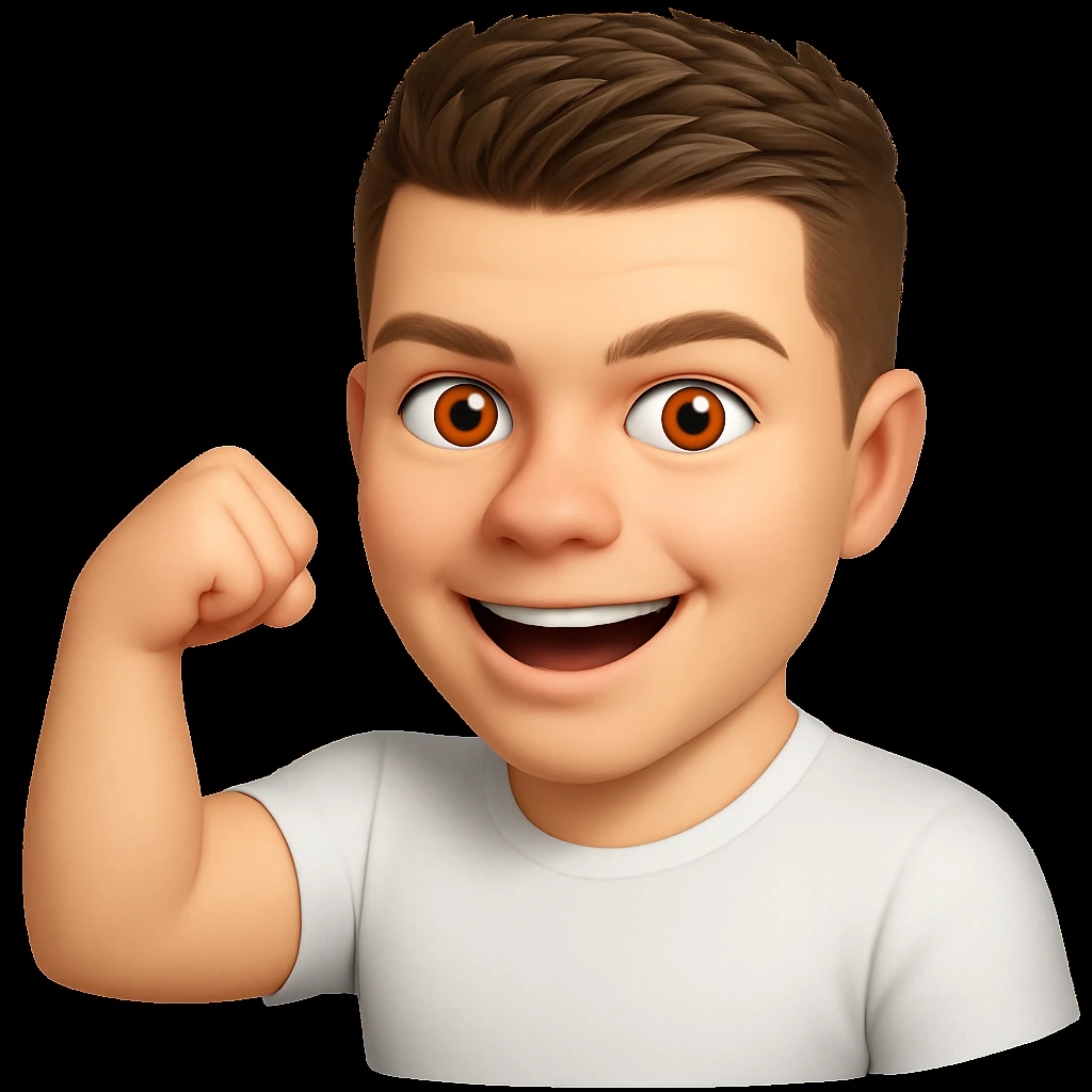 Based on these photos, make an emoji with facial features intact, man in white t-shirt, showing muscles emoji