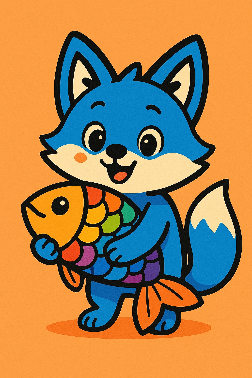 cute blue fox hugging a rainbow fish in vibrant toon style emoji