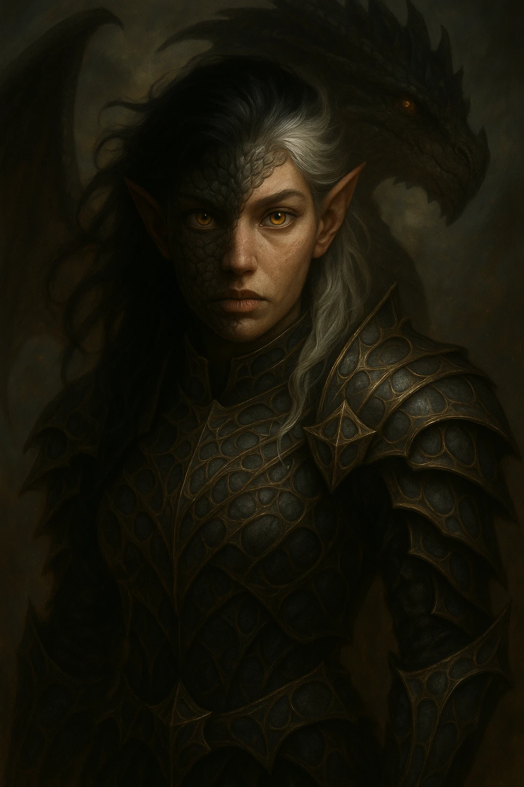 Make the character a girl, keep half human half dragon, with silver hair that has black at the top, in a fantasy style. Focus on a detailed and dramatic fantasy look with the hybrid human-dragon features. emoji