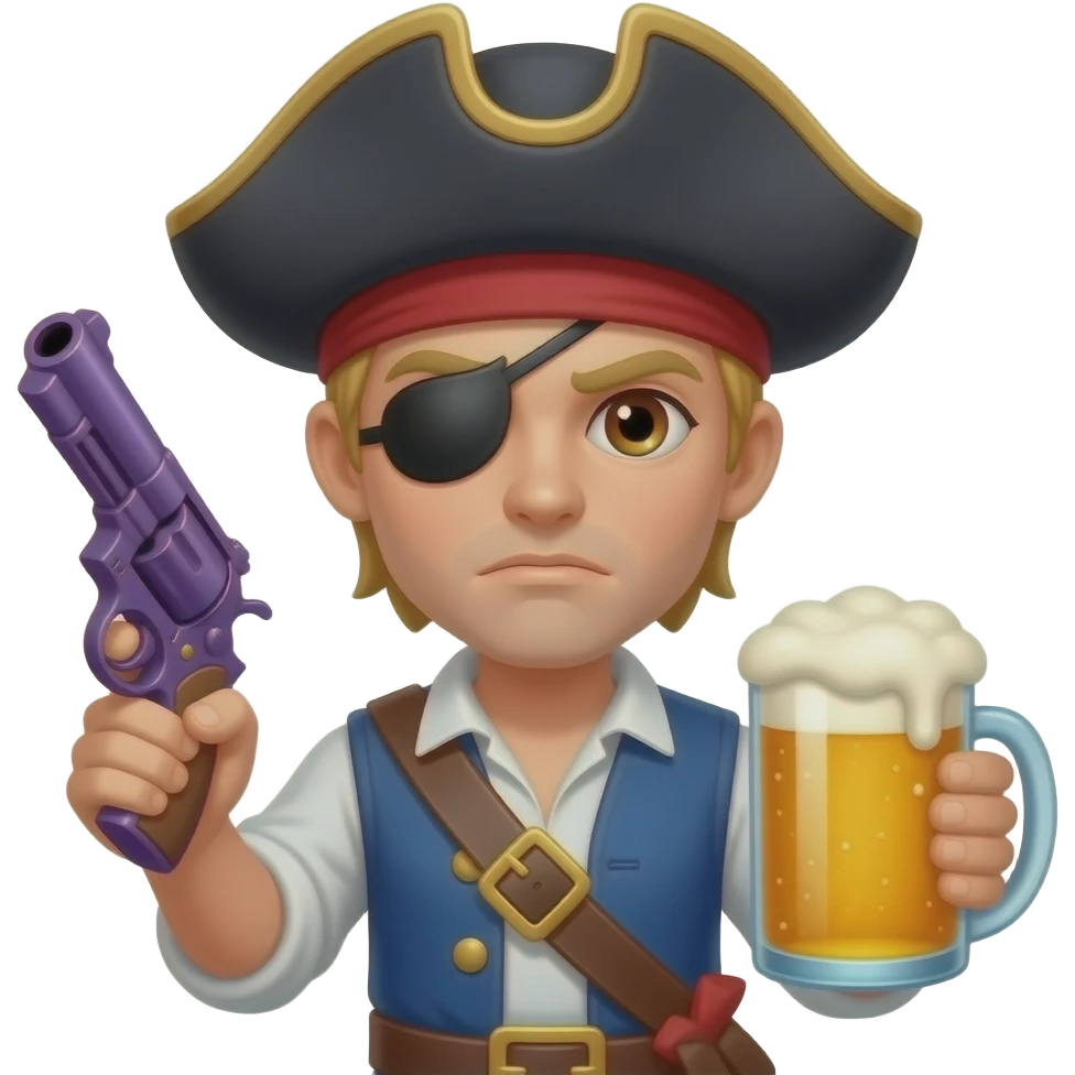 Pirata rubio, pelo corto, con gorro, parche en el ojo, ojos cafés, en una mano una pistola y en la otra una cerveza, expresión facial sería, hombre, pistola de color morado emoji