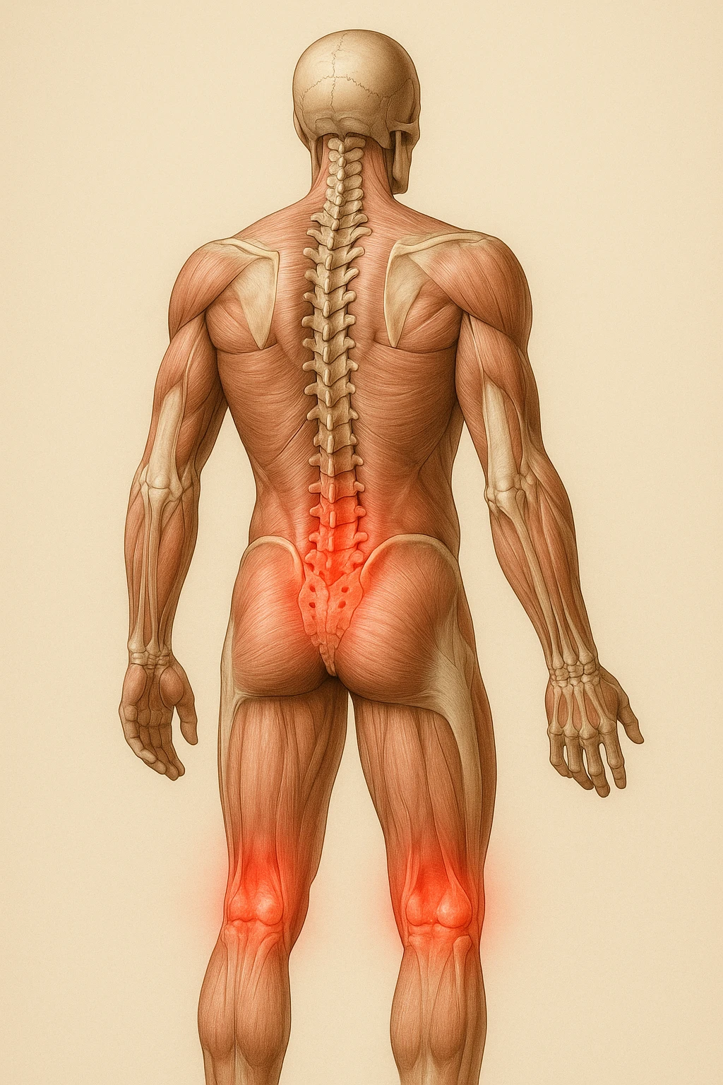 corpo umano anatomico con mal di schiena e al ginocchio, iperrealistico 4k emoji
