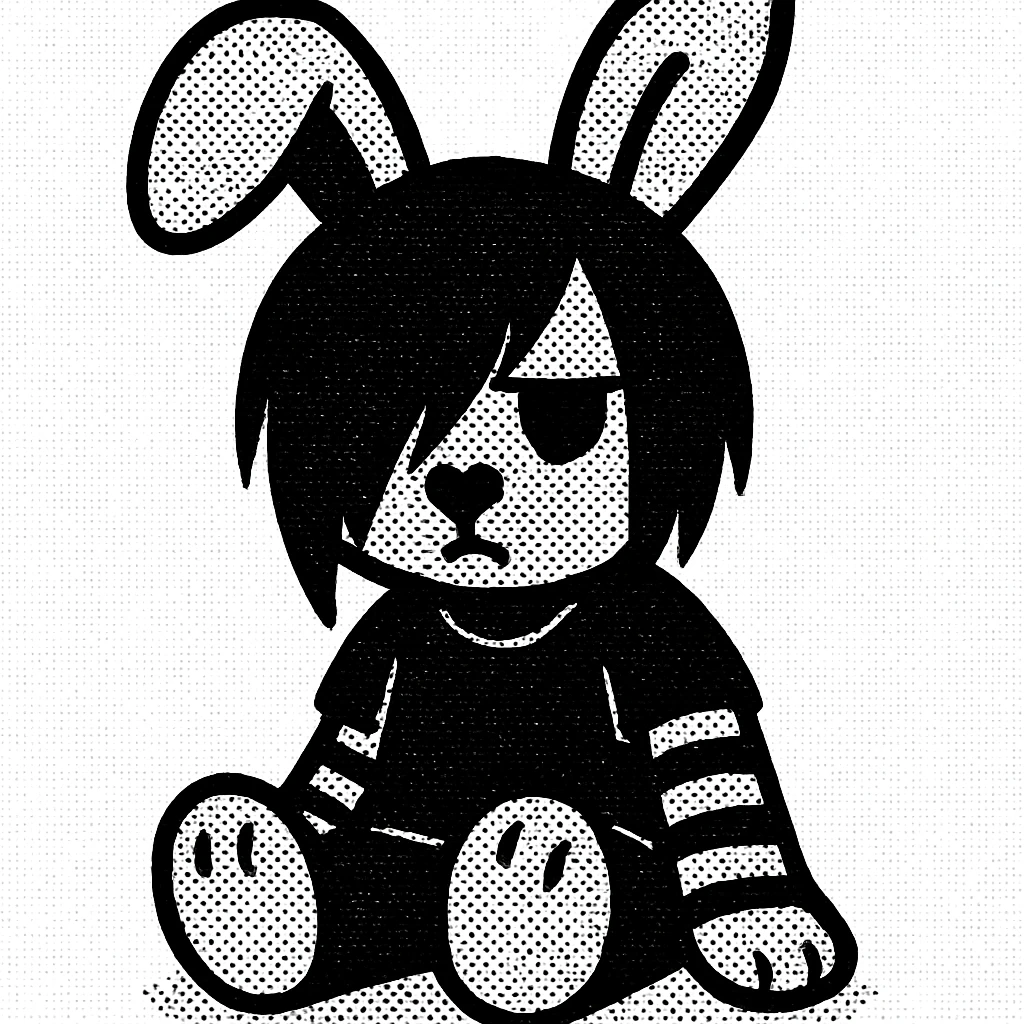 emo bunny, dark clothing, striped sleeves, heart-shaped nose, sitting pose emoji