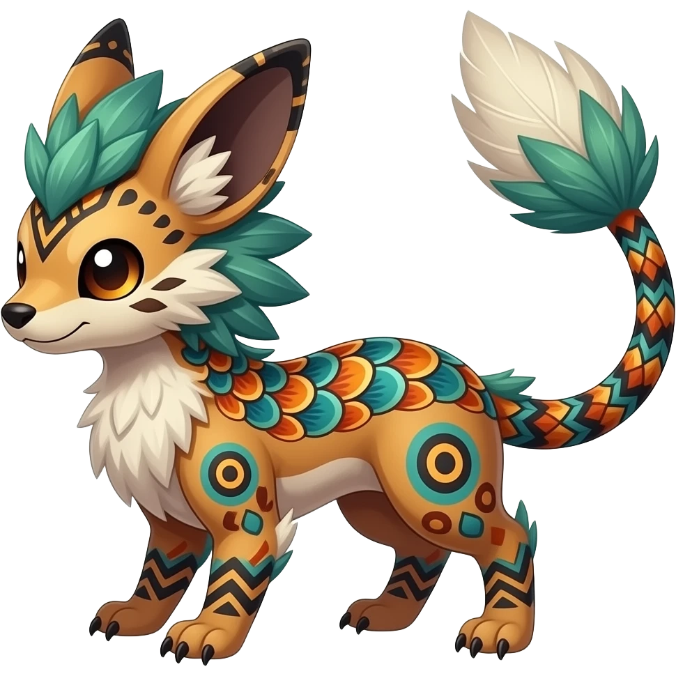 Tribal-patterned aboriginal majestic feathery elegant realistic stylish Furry, fluffy feathery tropical painted scaly, colorful Litten-Minccino-Bambino-Linoone-Zangoose-fusion-hybrid-animal-Fakémon-creature, full body, thin long sleek tufted tail, intricate markings emoji