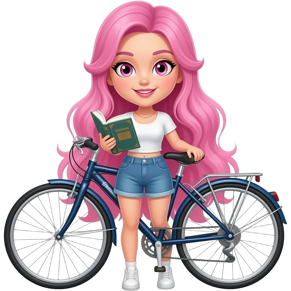 sexy girl with long pink hair and pink eyes holding a BOOKTOK BIKETOK MASKTOK emoji