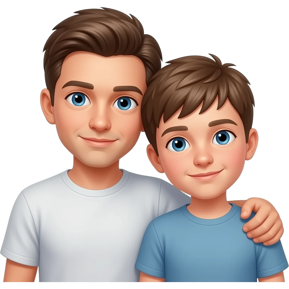 Erstelle ein Emoji von zwei Brüder, der eine um die 20 und der andere um die 24, der älter Bruder legt sein Arm über sein jüngeren Bruder und beide legen die Köpfe aneinander. Beide haben blaue Augen emoji