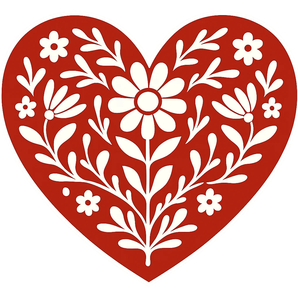 Add a white outline around the motif so it stands out against the red heart. Keep the motif simple and bold, maintain the red color and the border around the heart. The style should be Scandinavian folk art. Transparent background. emoji