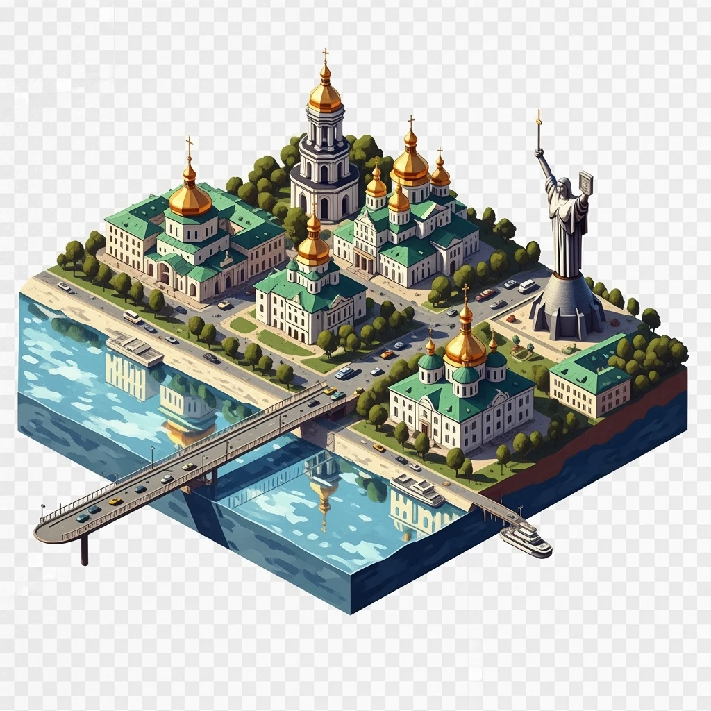 Isometric illustration of photorealistic Kyiv, balanced between paint stylized and realistic, 3D miniature effect, transparent background. emoji