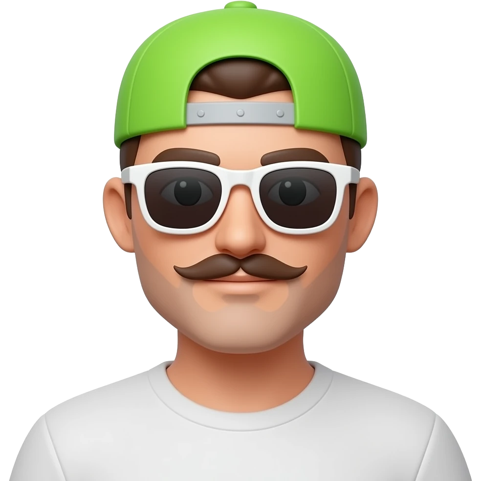 Emoji estilo iOS 3D de un avatar masculino inspirado en la estética 'Ferxxo'. Incluye gafas de sol blancas, gorra de color verde neón, un bigote delgado y estilizado. El diseño debe ser minimalista, con iluminación de estudio suave y sombras paralelas realistas sobre un fondo blanco limpio. emoji