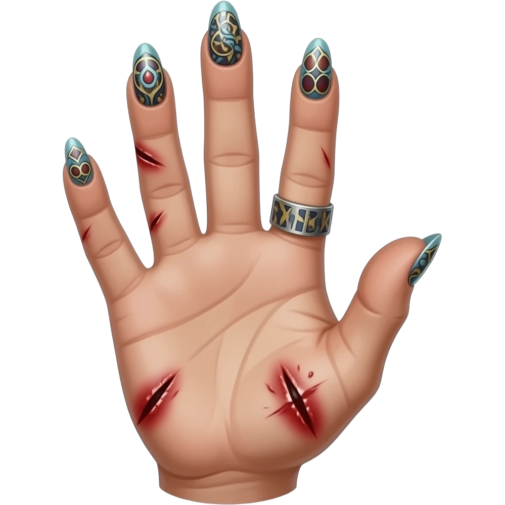 Hand with complicated beautiful nail art and wounds on the palm emoji