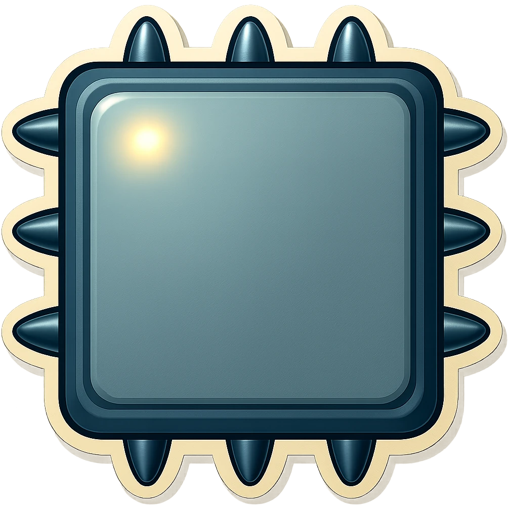 Make all spikes on the side edges of the metal slab short, fat, and very pointy triangular. Each spike should point directly up, down, left, or right (perpendicular to the edge it is on). Keep the head-on view, retro sticker style, and transparent background. emoji