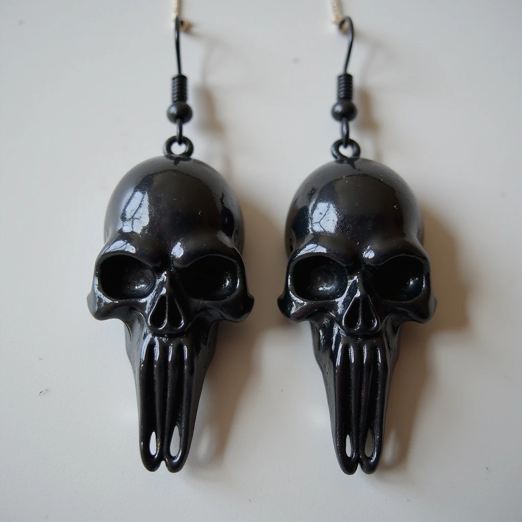 realistic goth earrings, black raven skull, polished bone texture, gothic style emoji