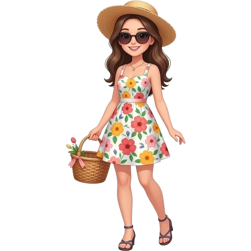 create a fashionable girl wearing sundress, sunglasses full body emoji