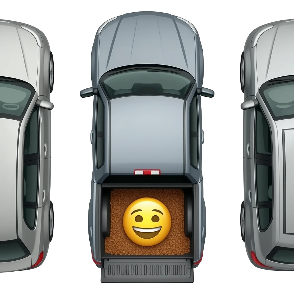 Put this emoji between to cars Gray F150 with full of bark chips in the back upside down in between two other cars emoji