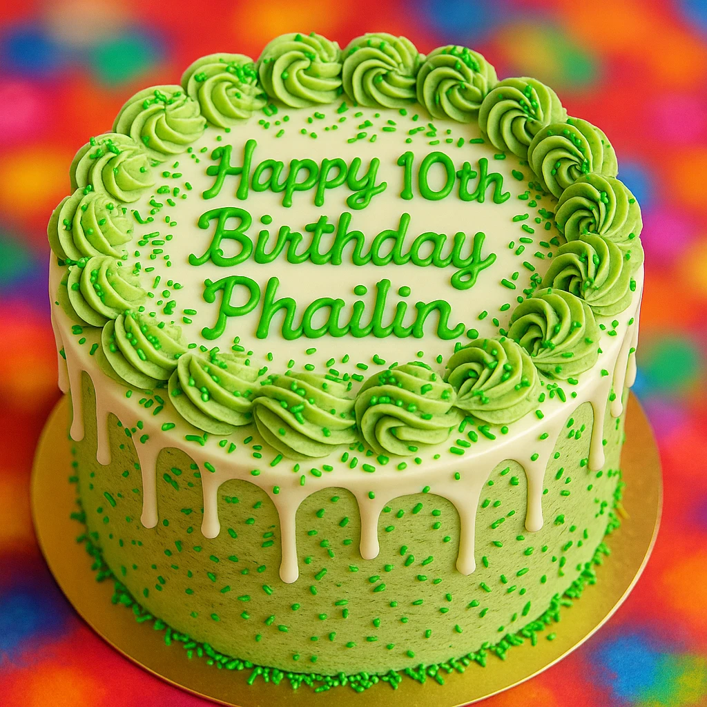 A round matcha white chocolate cake with green sprinkles, vibrant colors, festive and celebratory atmosphere, clear readable writing on top that says 'Happy 10th Birthday Phailin.', decorated cake, bright and colorful. emoji