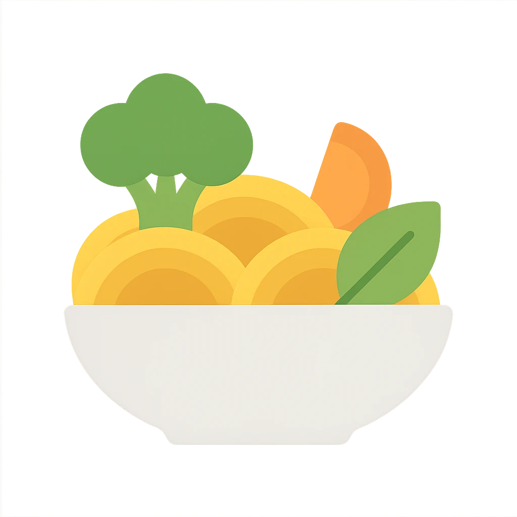 veggie pasta, minimal flat design, simple shapes, green and orange accents emoji
