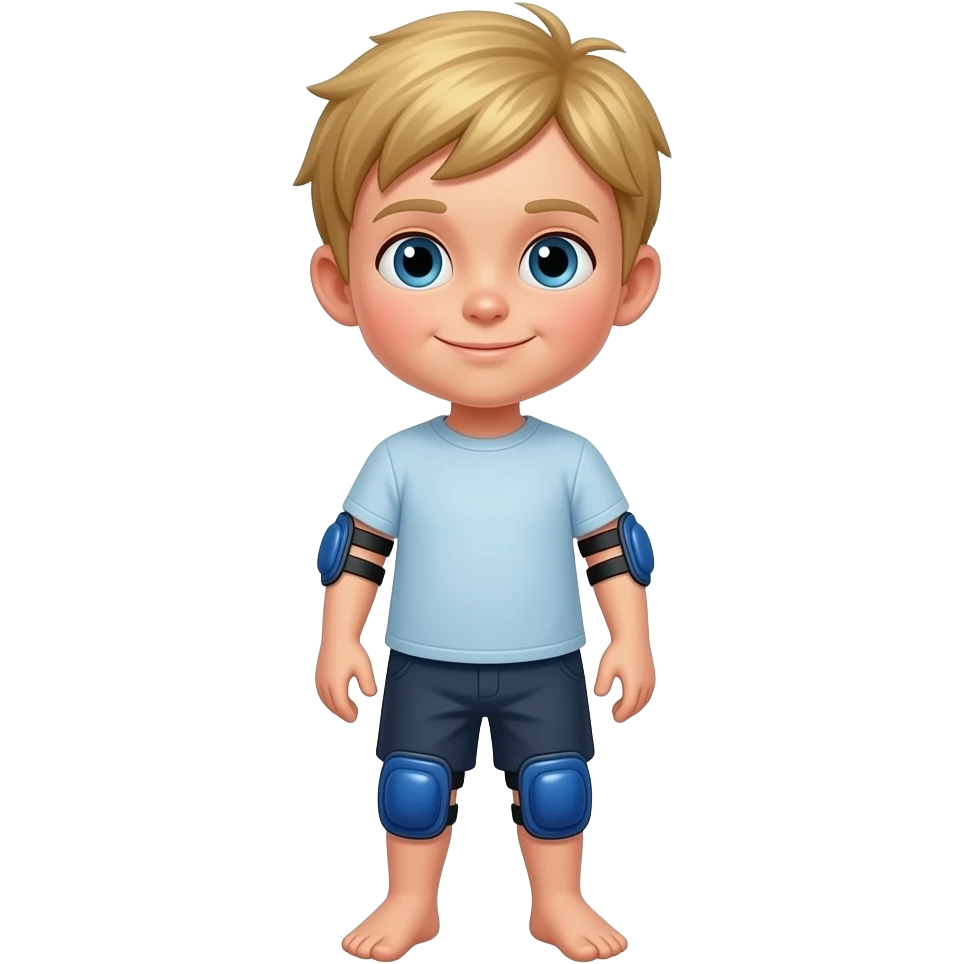 Child boy blonde hair, standing upright, wearing blue elbow pads and knee pads, ready-to-play expression, front-facing pose. emoji