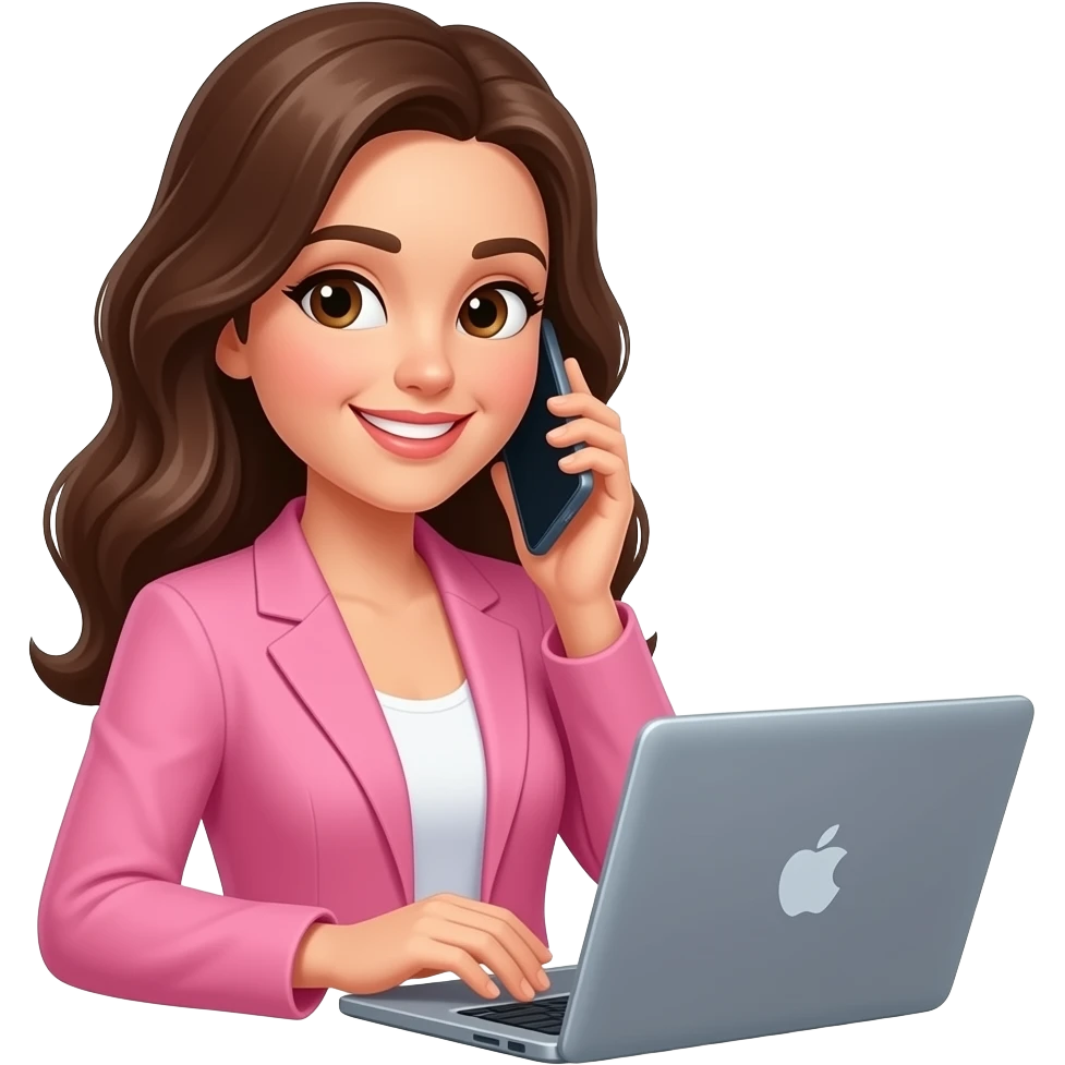 brunette woman with pink blazer on smiling talking on her smart phone with laptop emoji