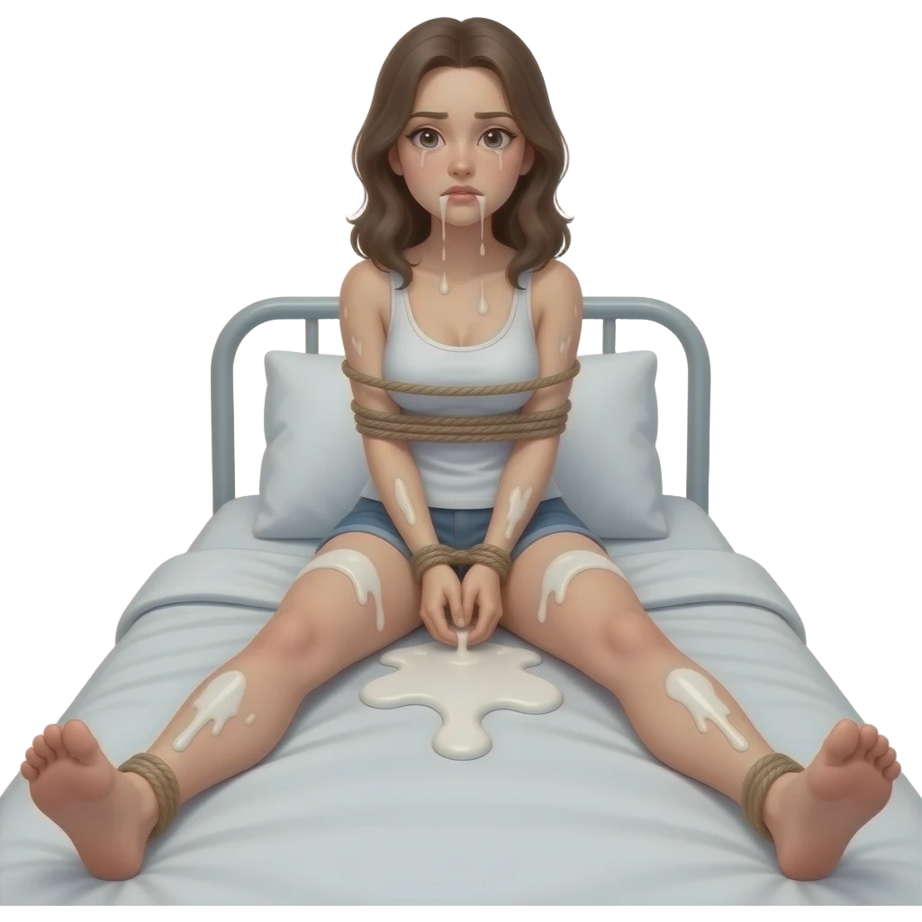 30 year old girl, big , big , thick white liquid all over, bound body, ,(((spread your legs))), cute face, face, realistic face, petite body, body covered in writing , drooling out of mouth, on bed, , not wearing clothes emoji