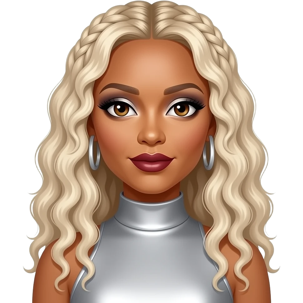 Beyonce from Destiny's Child with hazel eyes, long  white blonde cornrows with curly ends hair, silver eyeshadow, dark red lipstick, silver high neck dress, silver earrings emoji