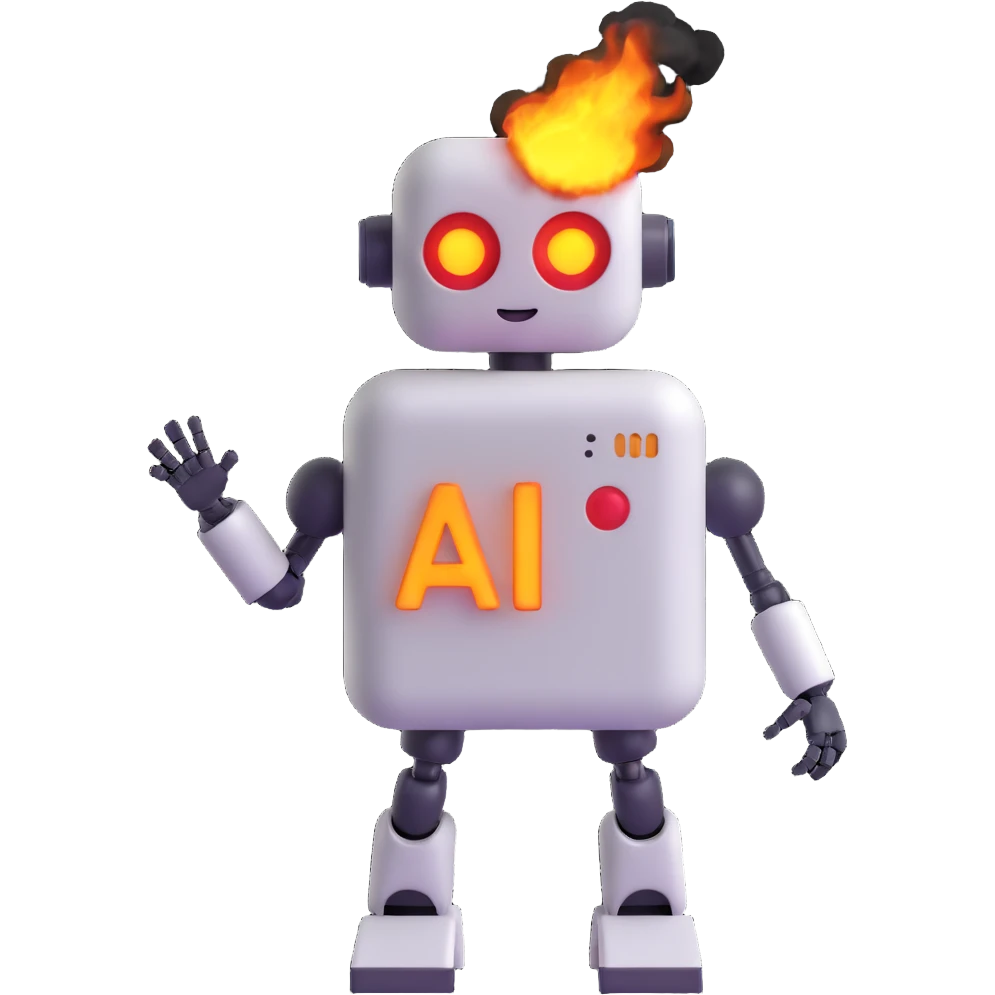 3D emoji style robot with 'AI' on chest, overheating, catching fire, sparks and smoke rising emoji