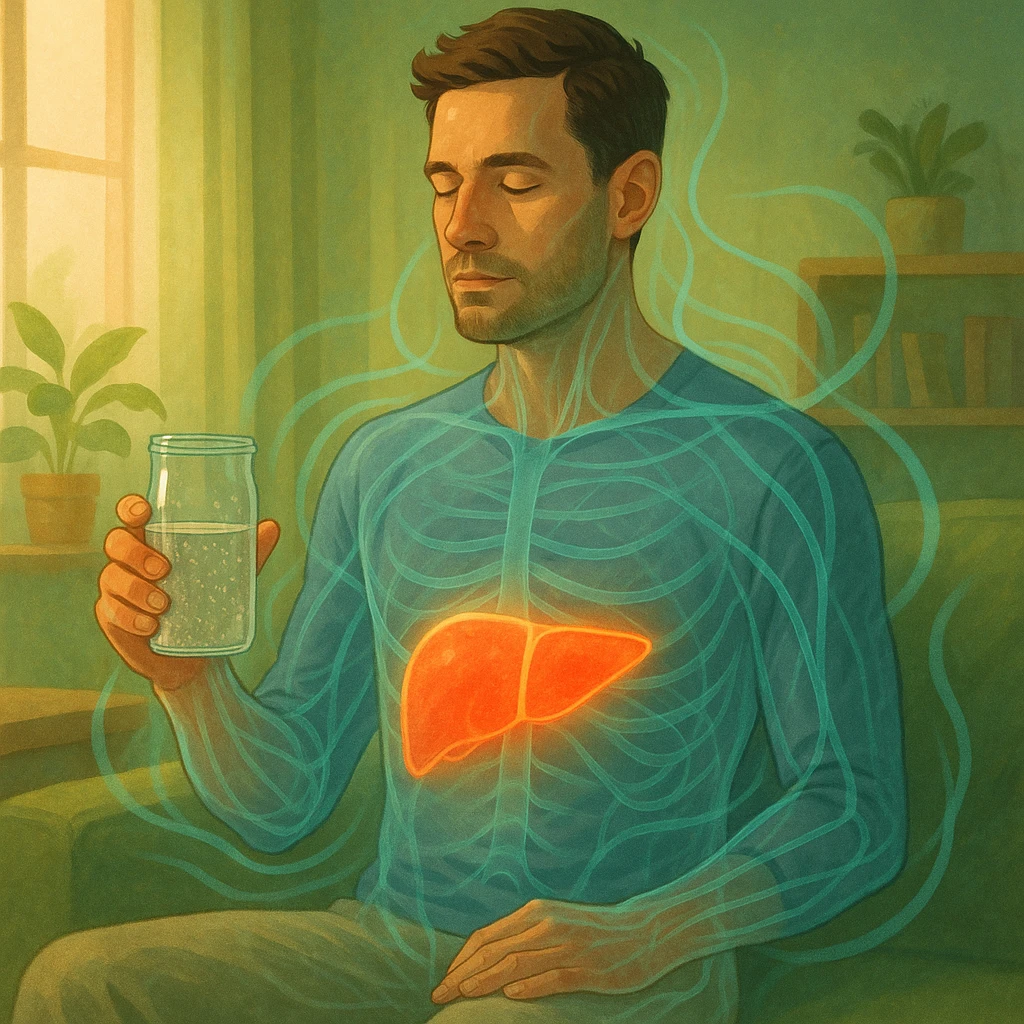 A man in a calm domestic environment, sitting with a transparent bottle or glass in hand containing an Epsom salt solution. He has a focused and aware expression. His body is partially transparent, with the liver highlighted brightly as if in a cleansing phase. Around the body, fluid energetic lines symbolize detoxification. The atmosphere is relaxed and natural, with warm light and green and blue tones representing health and purification. emoji