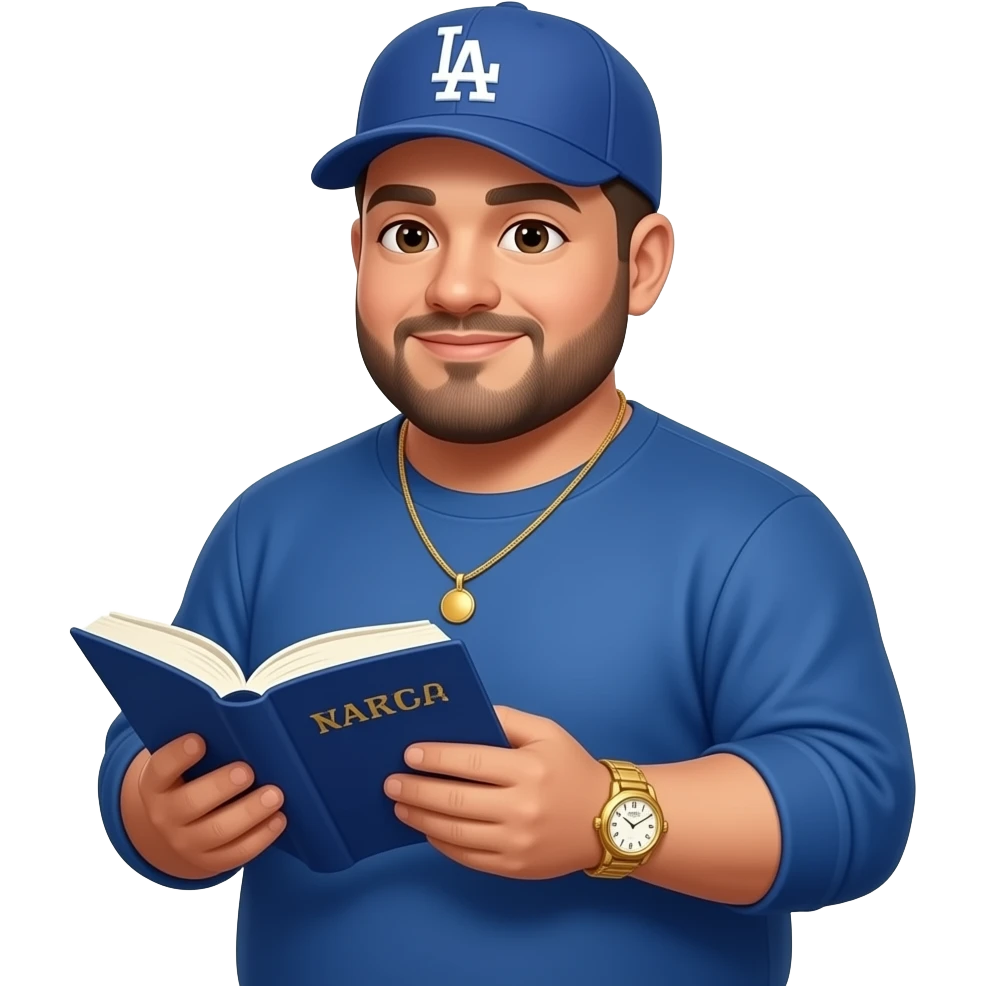 Chubby man with light honey skin tone and lightly shaved black beard wearing a blue Los Angeles Dodgers logo baseball cap wearing a long sleeve blue shirt wearing a gold tennis necklace and a gold wrist watch reading the Bible emoji