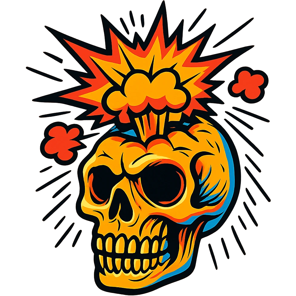 a stylized skull with comic-style explosion above it, bold lines, vibrant, no background emoji