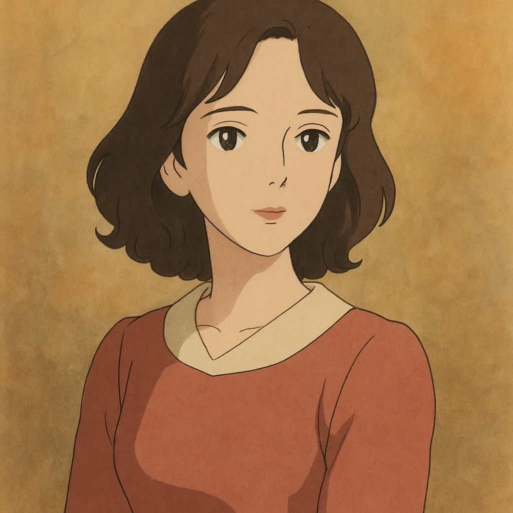 tasteful portrait of a brunette woman, soft lighting, elegant expression, color illustration, ghibli style emoji
