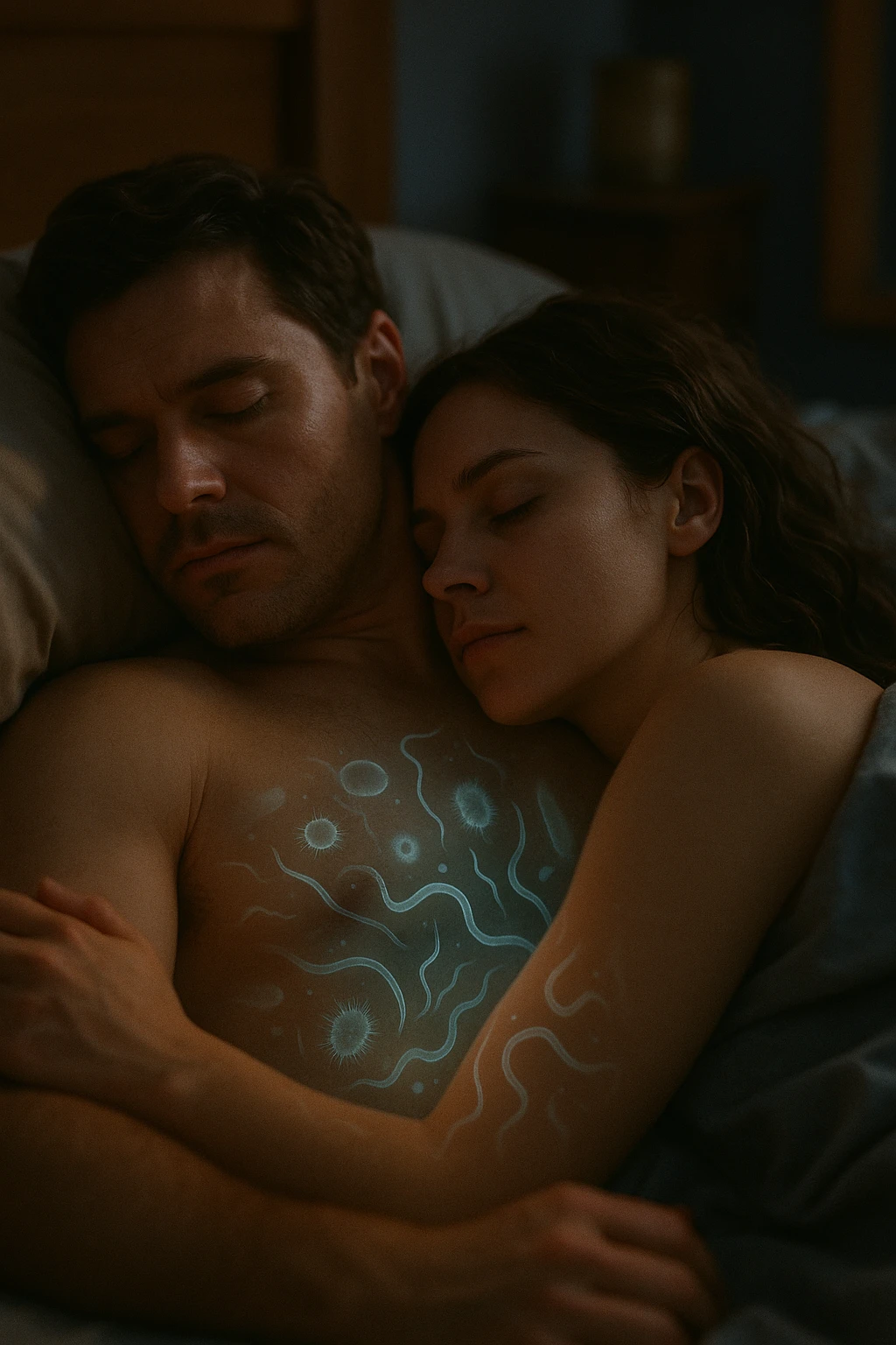 A hyper-realistic, cinematic image of a man and a woman sleeping together in the same bed under soft, dim night lighting, with their bodies close and touching. Their skin appears slightly illuminated where it touches, and under a subtle x-ray style overlay, faint ghostly silhouettes of microscopic parasites and worm-like organisms are visible crawling transdermally between their bodies, symbolizing silent, unnoticed parasite transmission during sleep. The environment is a cozy bedroom with warm tones, but the presence of the glowing parasites creates a slightly unsettling feeling, emphasizing the hidden danger. Their faces are calm, unaware, symbolizing the unconscious nature of the transmission. The image is detailed with a 35mm film hyperrealistic aesthetic, focusing sharply on the point of contact between their skin where the parasites pass, while the background remains softly blurred. The color palette uses muted warm browns and soft moonlight blues to maintain a nighttime, intimate feeling, contrasting with the translucent, glowing parasites to illustrate the hidden risk of transdermal parasite transmission while sharing a bed emoji