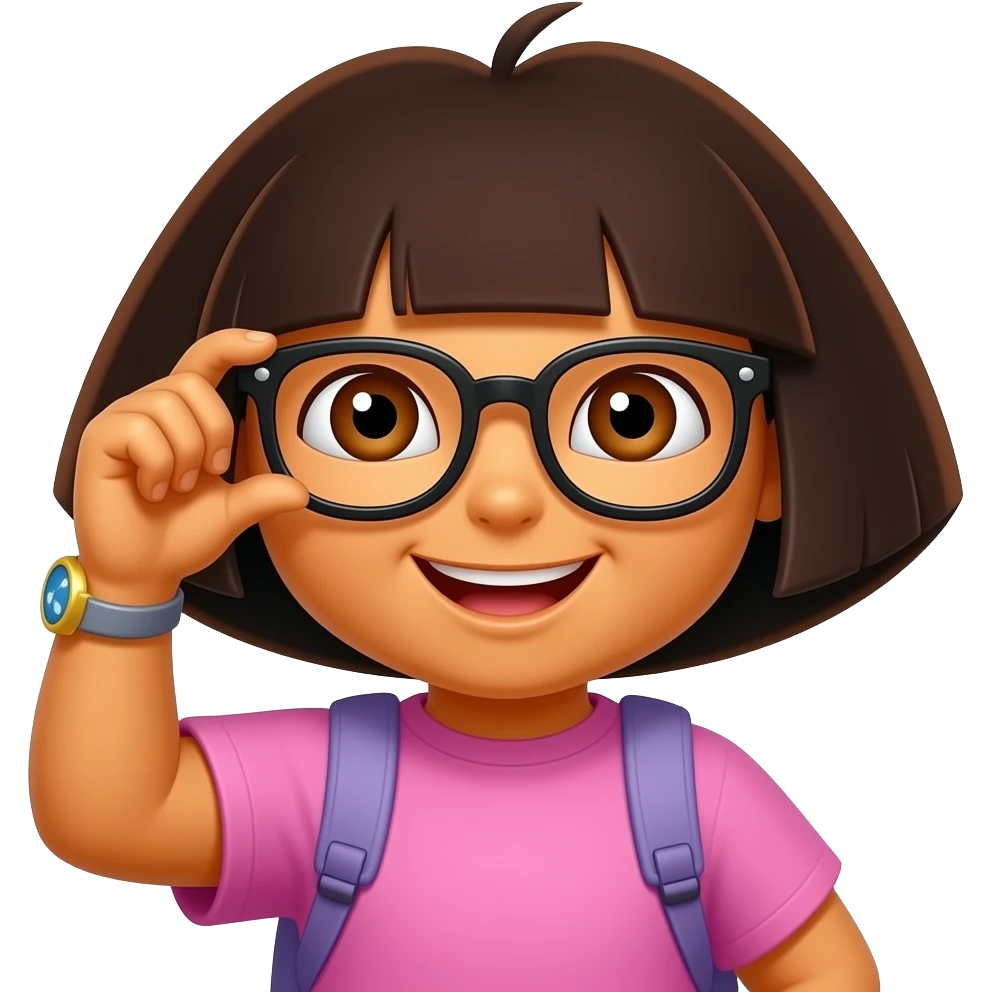 Cool dora with cool black glass, holding his glass and have a aesthetic smile emoji