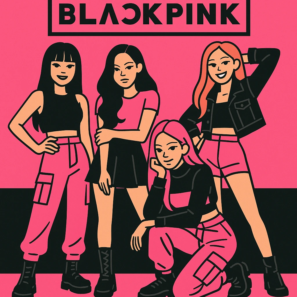 Blackpink K-pop group, pink and black color scheme, modern streetwear outfits, confident group pose, energetic vibe emoji