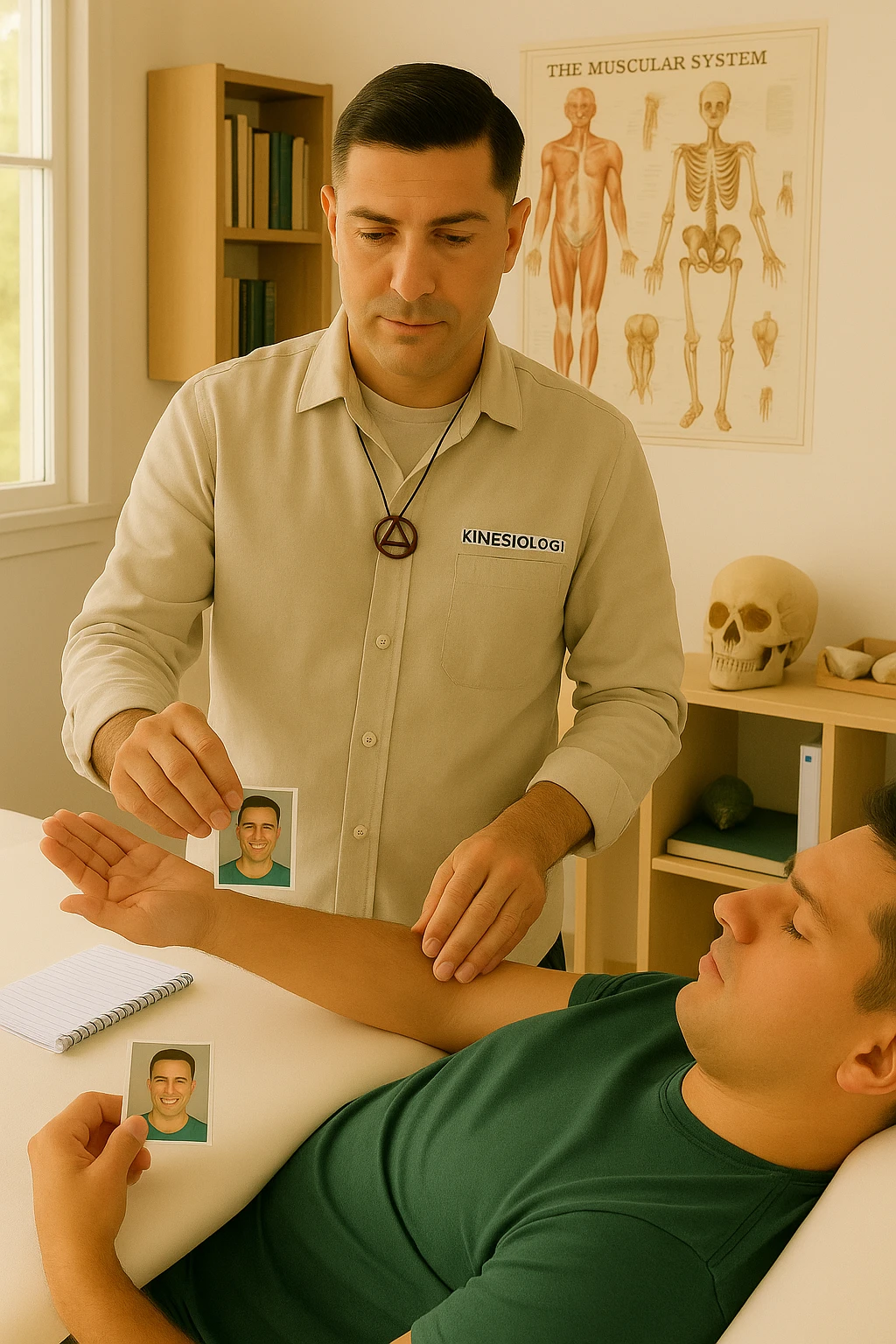 a middle-aged man, dressed in casual professional attire, is in a bright, organized therapy studio. Durante una visita di kinesiologia, il ragazzo tiene con una mano la foto di una persona lontana (il “testimone”) tiene la foto in mano, mentre con l’altra mano esegue un test muscolare su un cliente presente senza foto lui non tiene la foto. Sullo sfondo si vedono libri di kinesiologia, poster anatomici e strumenti tipici della disciplina. L’atmosfera è concentrata e serena, con luce naturale che entra dalla finestra, sottolineando l’aspetto alternativo e umano della pratica. emoji