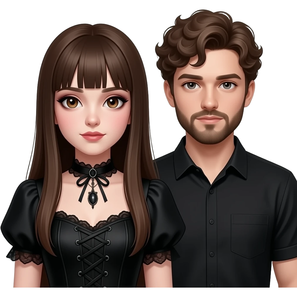 realistic pretty pale skin long straight brown hair girl brown eyes long face wearing gothic dress and gothic makeup HD and her boyfriend short brown curly hair and beard emoji