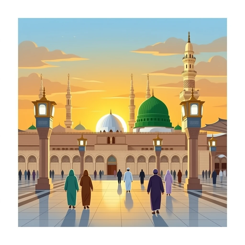 “A highly respectful and serene view of Madina Sharif, showing Al-Masjid an-Nabawi with its green dome, glowing golden sunset light, peaceful atmosphere, pilgrims in modest clothing walking calmly, ultra realistic, cinematic lighting, spiritual mood, 8k detail, no distortion, no text, no watermark” emoji