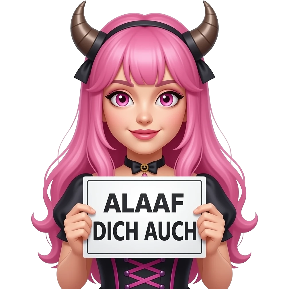 sexy girl with long pink hair and pink eyes wearing a halloween dress holding a ALAAF DICH AUCH sign emoji