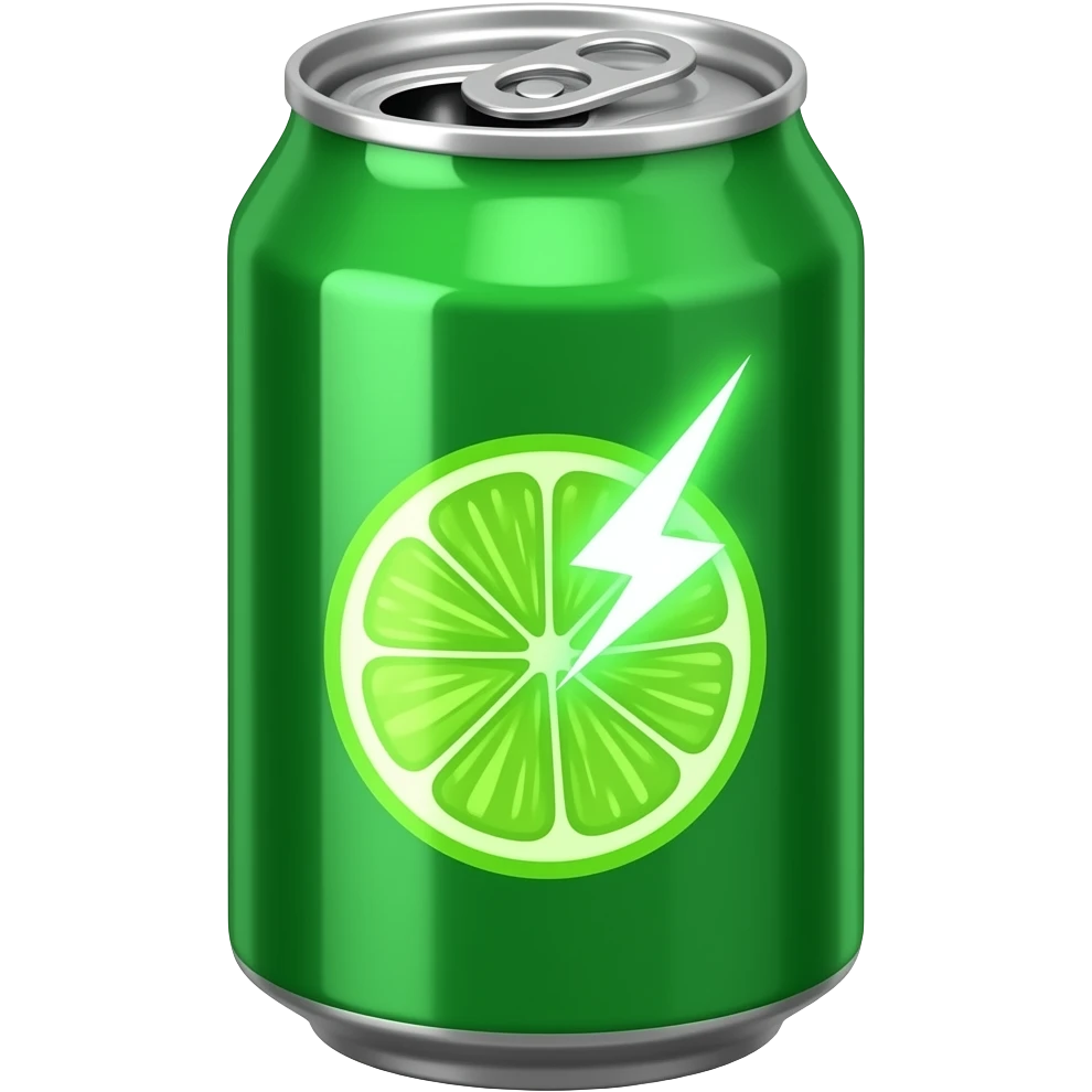 Detailed fantasy illustration of a neon green soda can with a citrus slice emblem and glowing lightning bolt behind or around it, reflections on metal, warm parchment‑style lighting, painterly shading, transparent background, square, no text. emoji