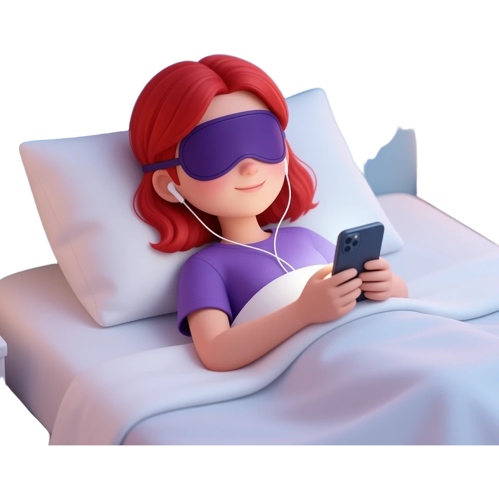 Red hair girl eye mask in bed listening to podcast emoji
