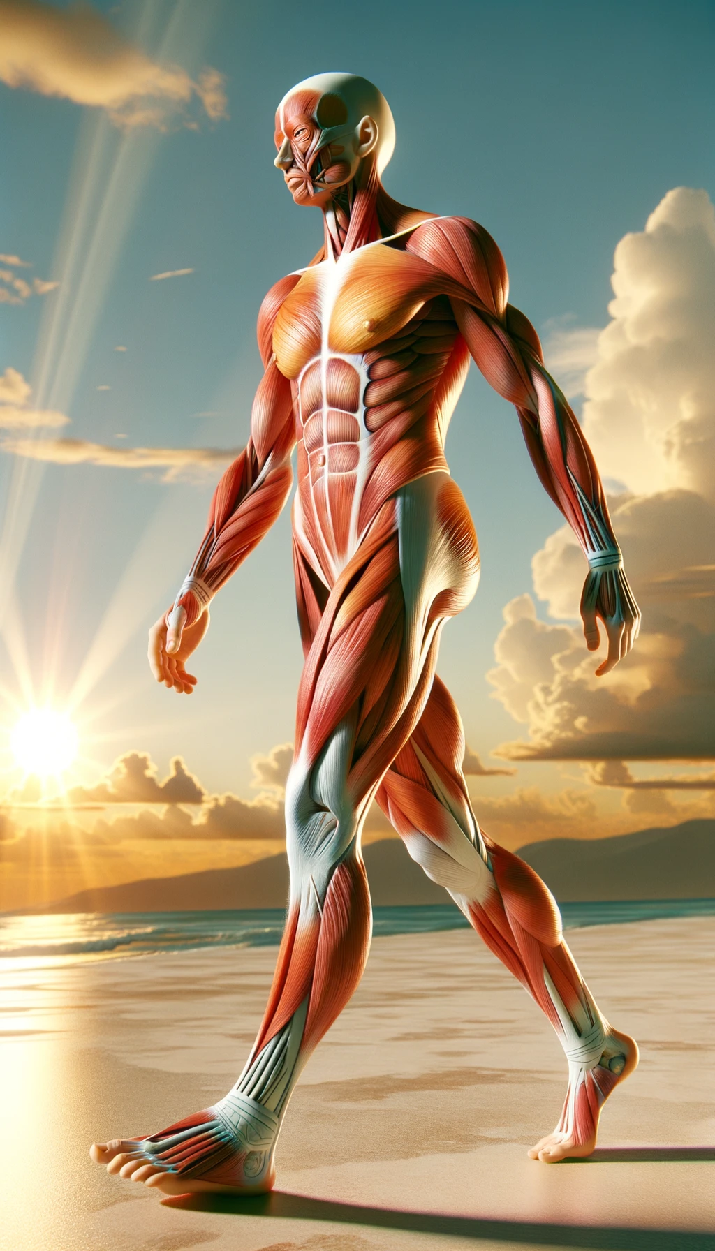 CORPO UMANO ANATOMICO IN PIEDI CHE CAMMINA DI FRONTE AL SOLE ESTIVO, COLORI REALISTICI DEI MUSCOLI, iperrealistico 4k emoji