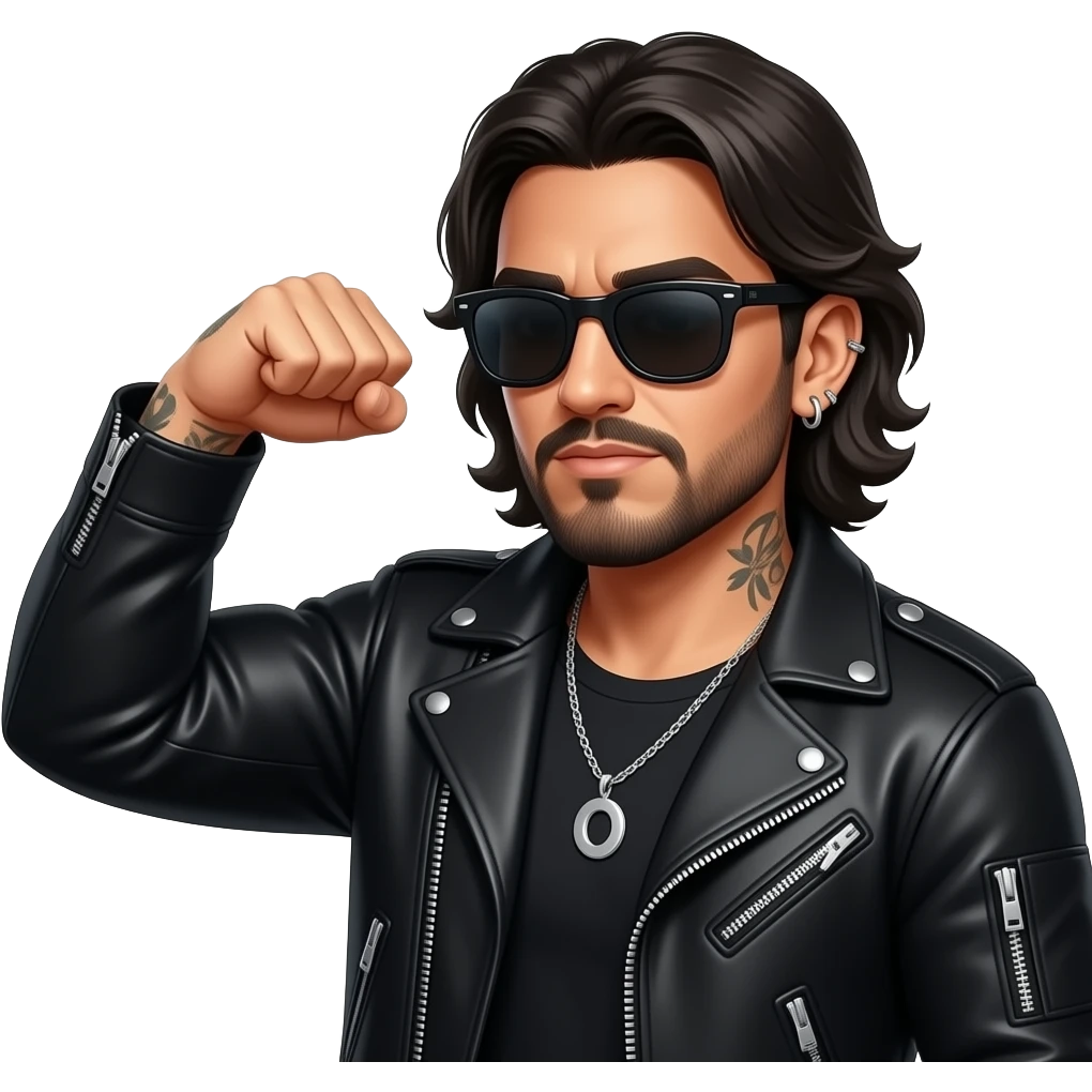 handsome, manly Latino podcast host with black colored eyes wearing black with silver jewelry, with medium length hair, a very long, lightly graying beard and tattoos, his ear pierced and right nostril as well, dark sunglasses. Flexes muscles emoji