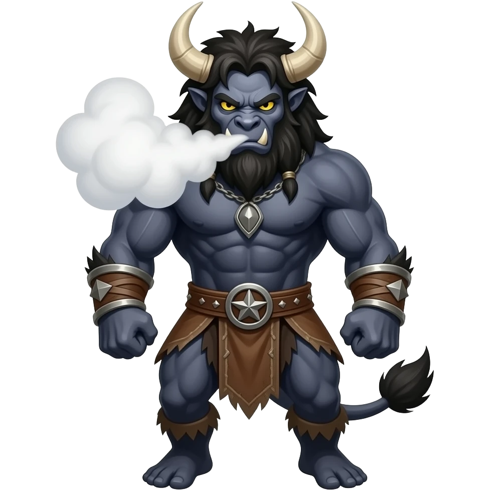 Dark fierce looking Minotaur with yellow eyes and steam out of nose. Fantasy emoji