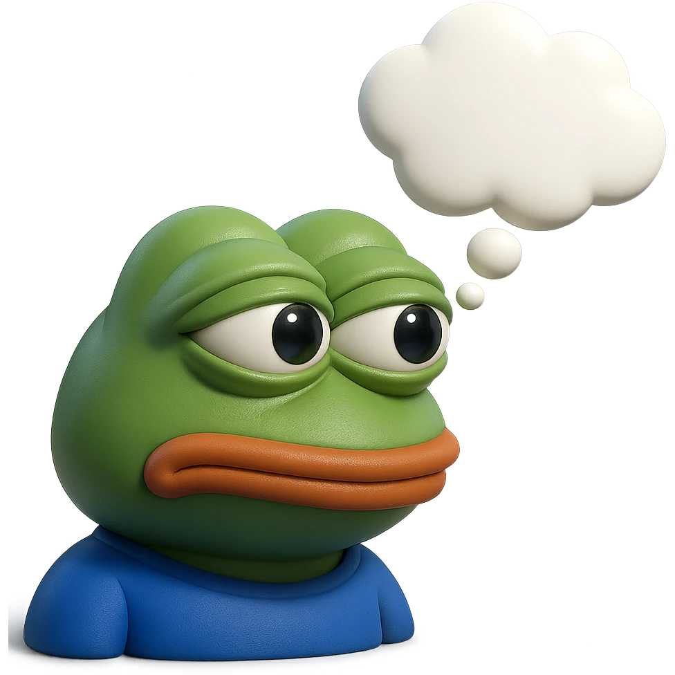 make a pepe with thought bubble looking at left side in 3d style, good highlights and shadows, drop shadows  emoji