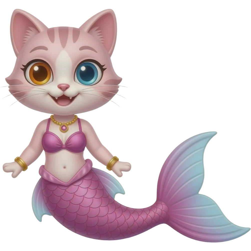 a light pink cat with orange eye blue eye smile  #E37383 hair golden bracelets #FFB6C1 top bikini #FF69B4 mermaid tail with #F8C8DC tail fins emoji
