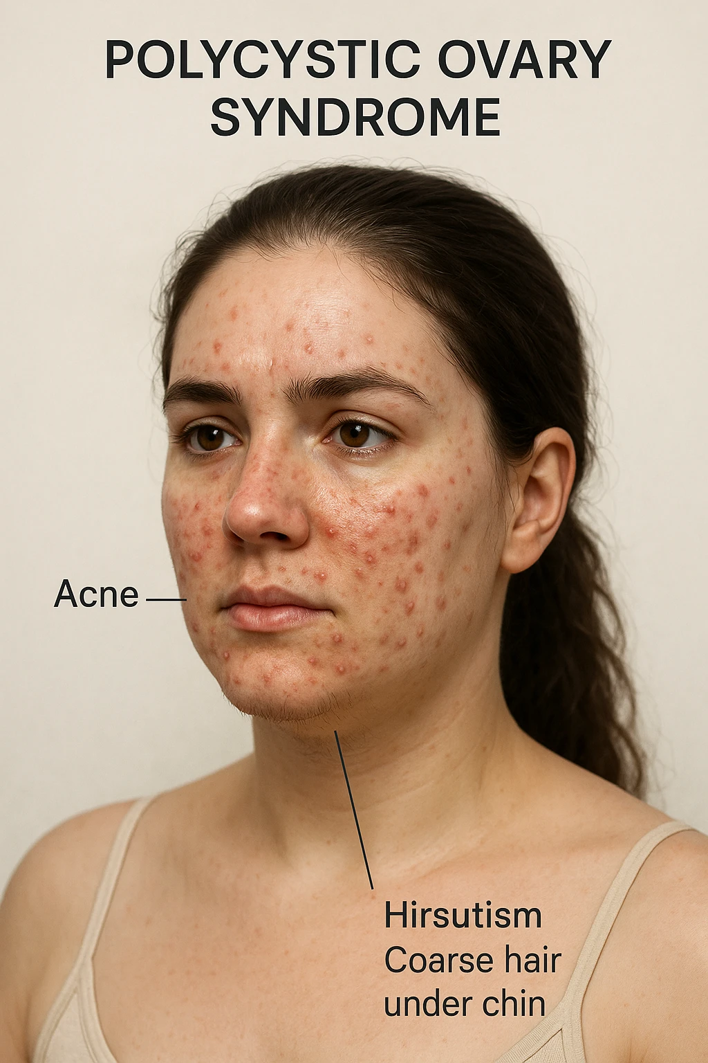 realistic 3D medical style image of a woman with PCOS, acne on face and hair under chin, clinical details, neutral background, aspect ratio 2:3 emoji