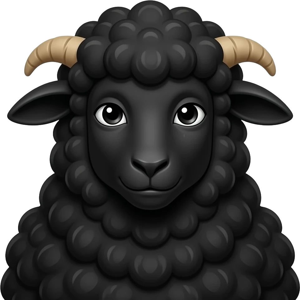 Black Sheep Bar & Grill: 3D emoji style, glossy surface, soft shadows, white background, centered, no text, male black sheep character, fluffy wool, confident expression emoji