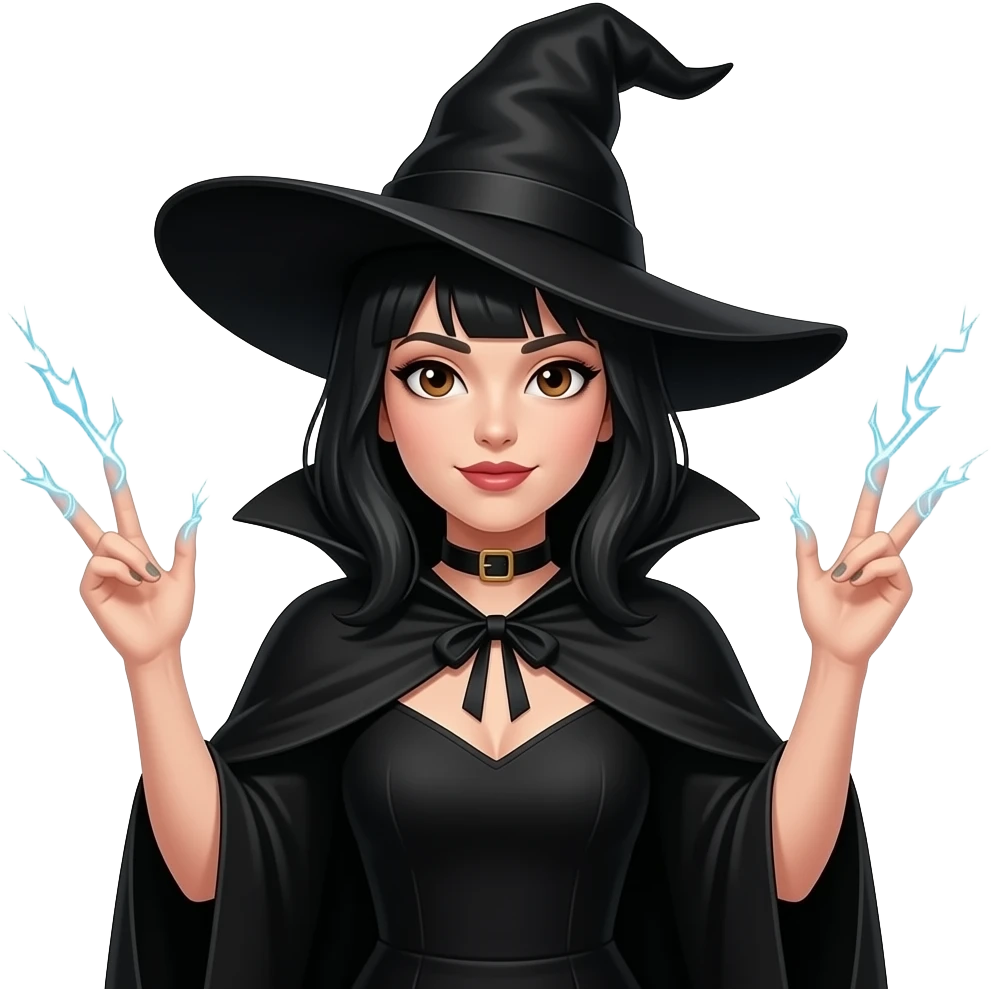 witch with black cloak and black neck choker and pointy black hat and black dress with black hair with brown eyes and hands up with electricity coming from her fingersr emoji