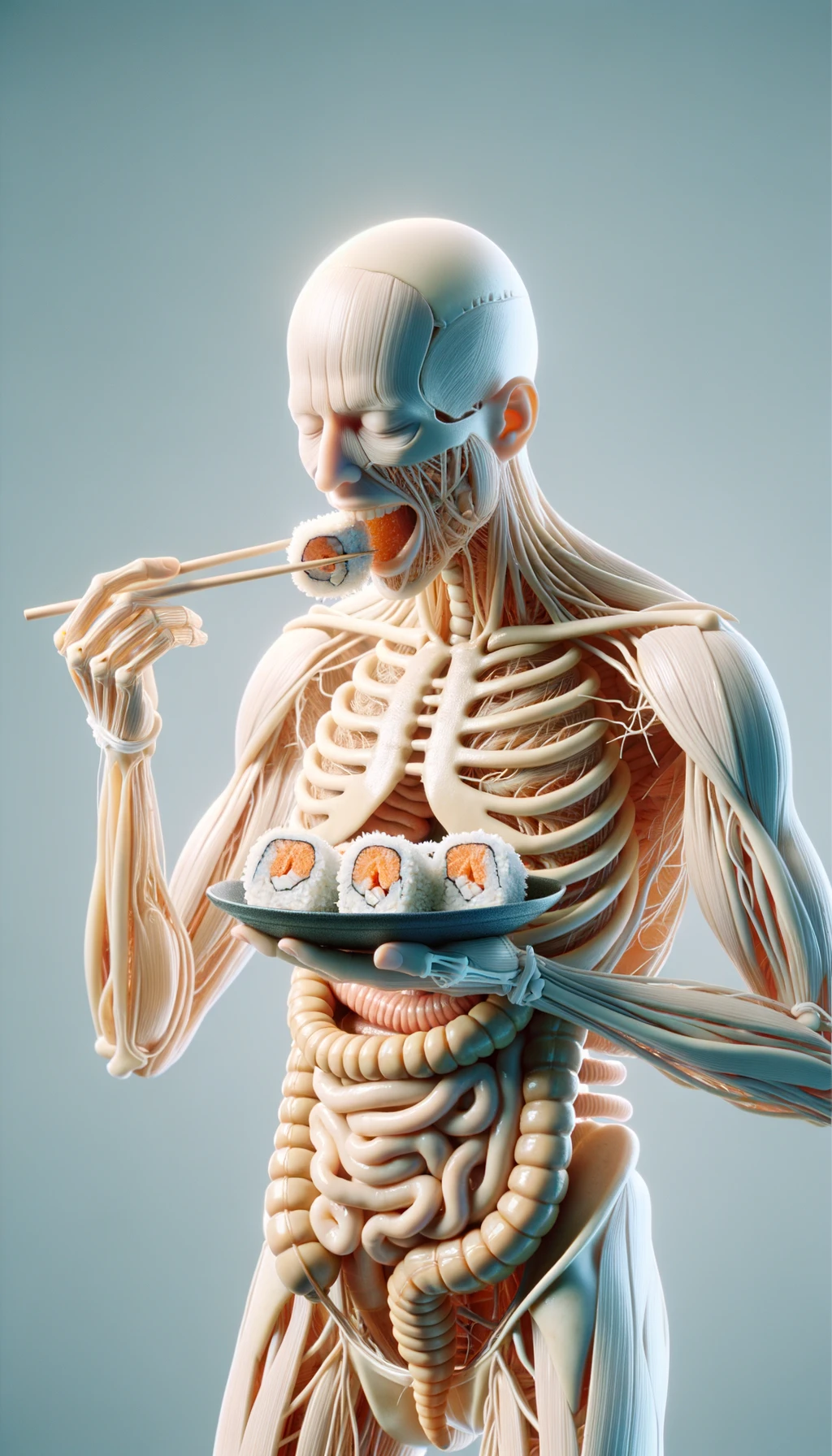 CORPO UMANO ANATOMICO Che mangia sushi crudo, vermi lunghi e beige chiaro nell'intestino a causa del sushi crudo, SFONDO CHIARO, iperrealistico 4k emoji