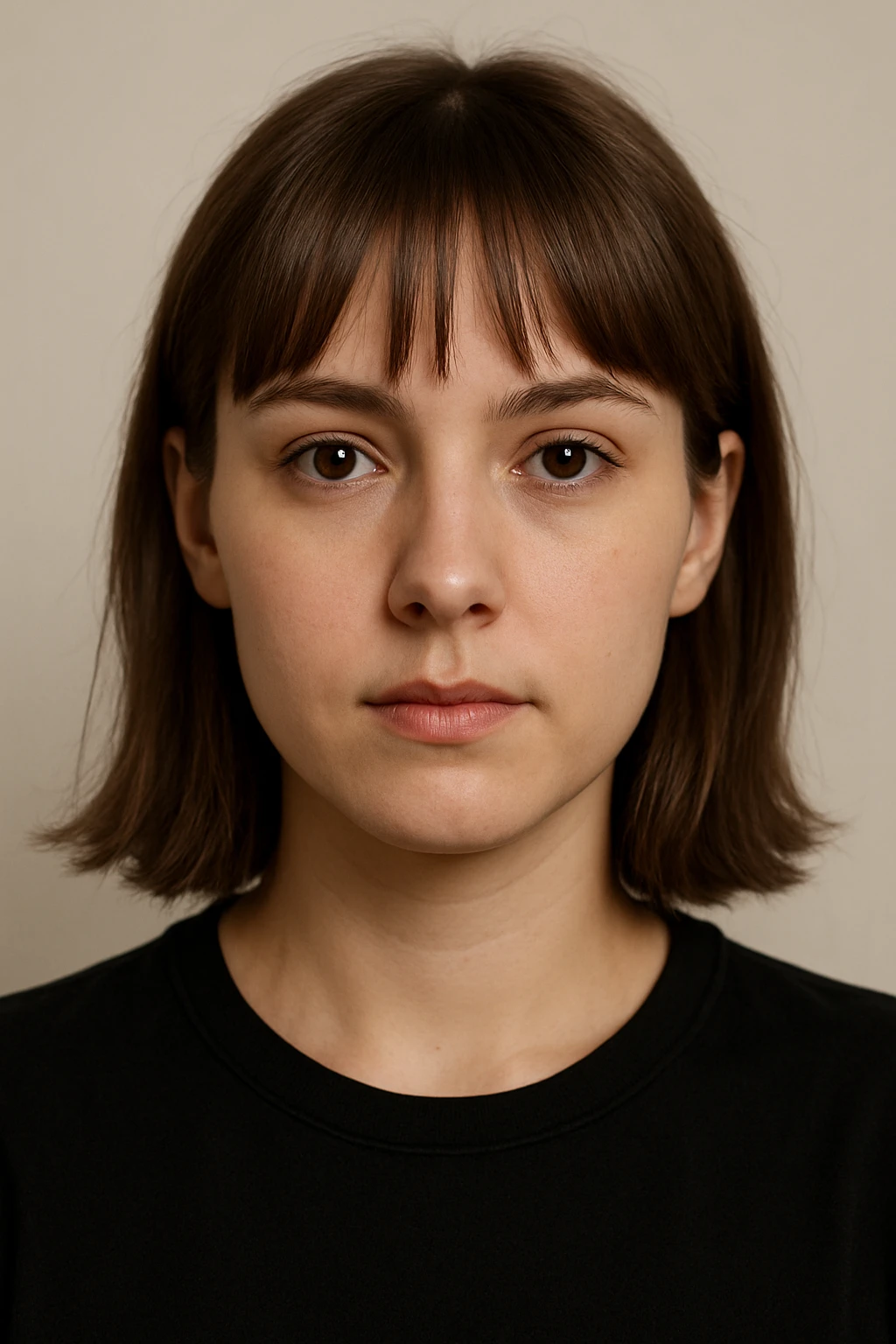 portrait of a person with brown hair and bangs, brown eyes, wearing a black shirt, neutral background, clean and clear facial features emoji