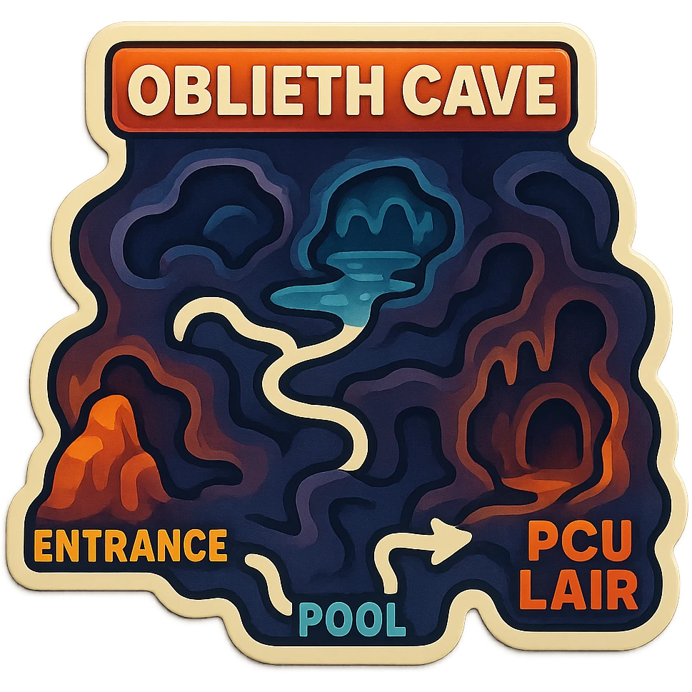 a hand drawn map of how to navigate the Oblieth cave system to find the PCU Lair emoji